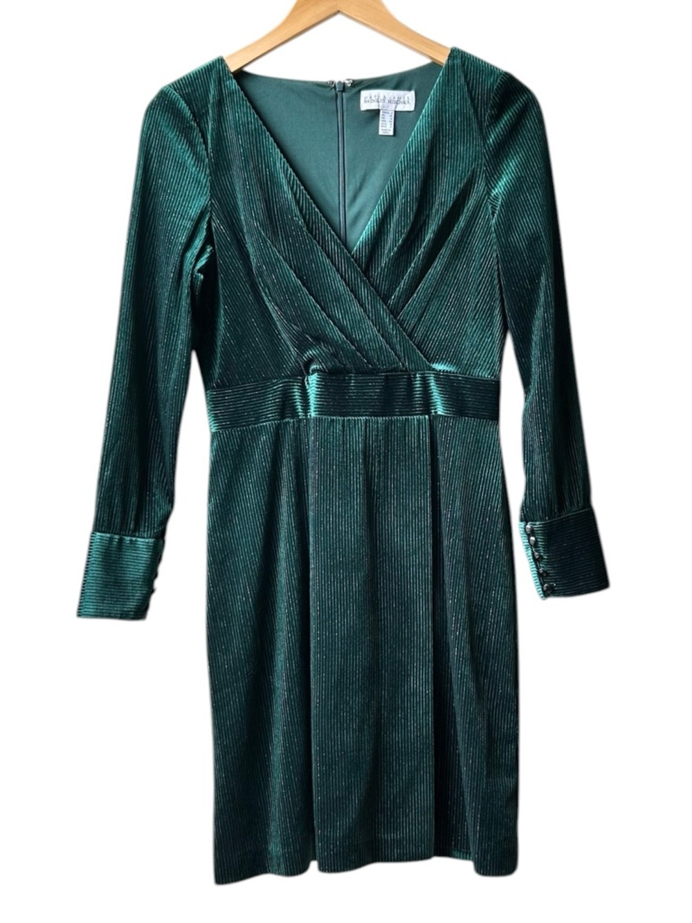 Mark + James Badgley Mischka Green Metallic Velvet V Neck Stripe Mini Dress Sz 4 - Picture 5 of 15